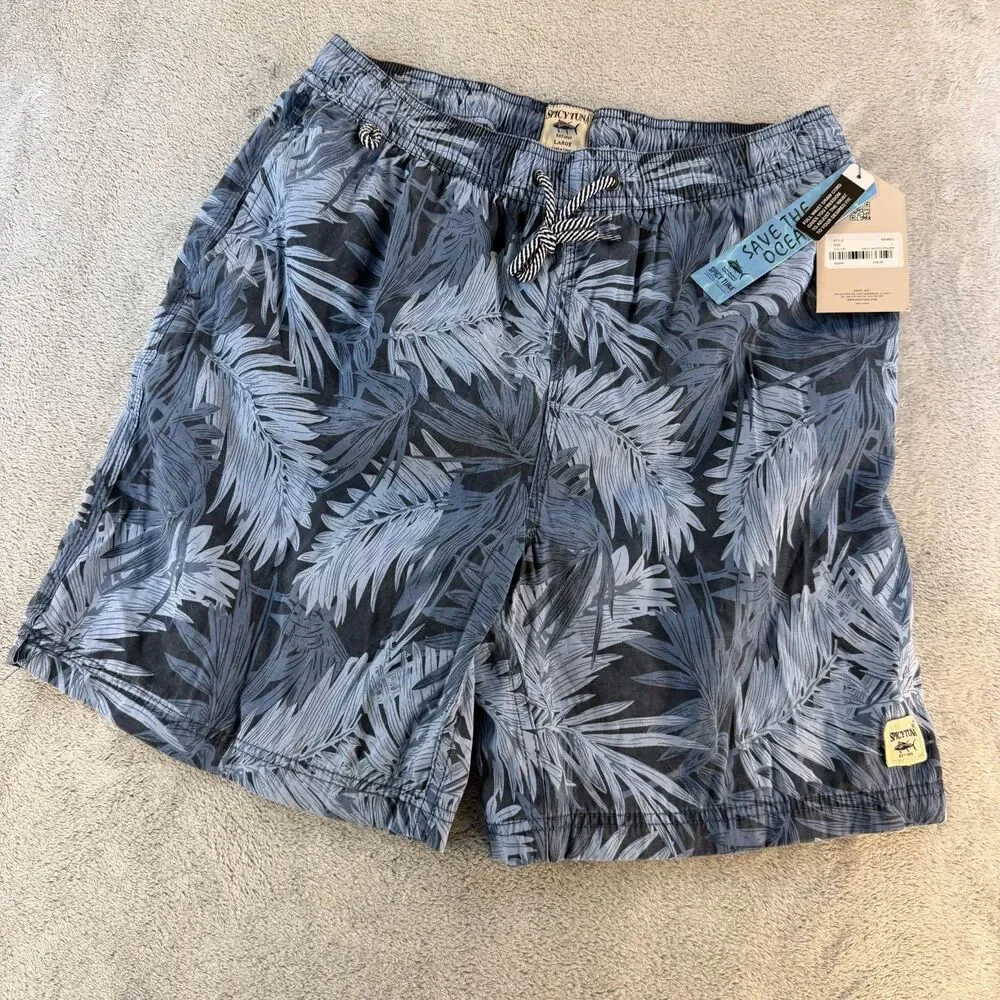 Spicy Tuna Swim Trunks Men's L Navy Gray Palm Print Board Shorts NWT Drawstring